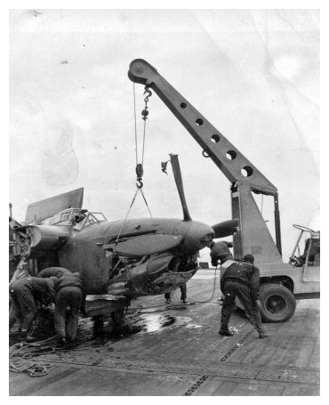 The Barracuda pictured left after being extricated from the foc’sle after its Deck Landing Training accident, August 1944