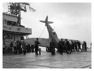 A Seafire after entering the barrier on Slinger having missing all the arrestor wires during deck landing training. Photo: Courtesy of David Yates