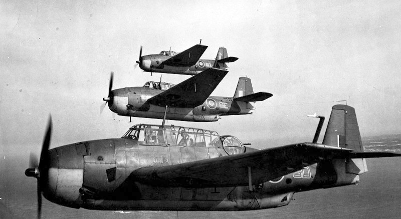 Formation of 3 Grumman Avenger aircraft of 853 naval air squadron