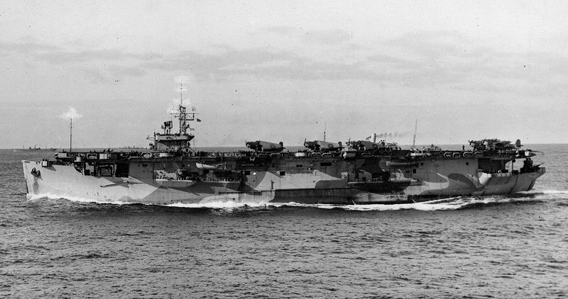 HMS TRACKER under way with Avengers and Wildcats parked on her flight deck.
